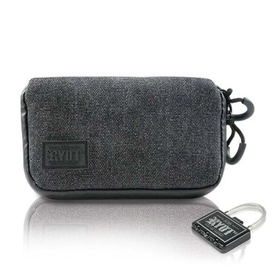 Bolsa cinzenta de tecido com cadeado preto e selo RYOT