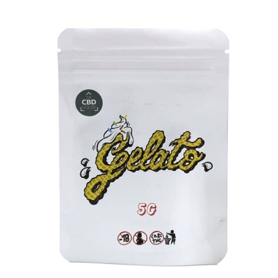 Embalagem branca de plástico com texto Gelato em amarelo e 5G em vermelho