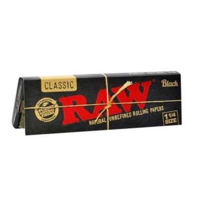 Pacote de papel RAW Classic Black para enrolar cigarro, embalagem preta com texto vermelho e amarelo