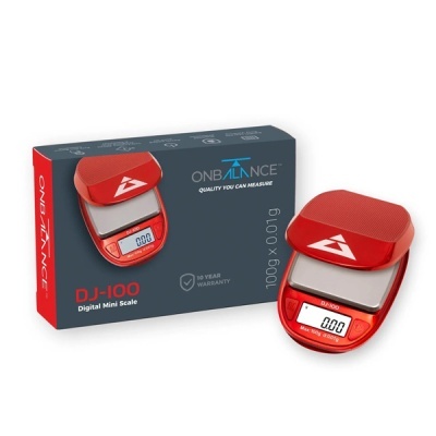 Balança digital mini vermelha ONBALANCE DJ-100 com visor LCD e tampa e embalagem