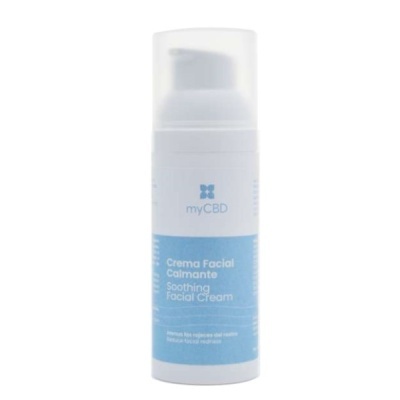 Creme facial calmante myCBD em embalagem branca e rótulo azul