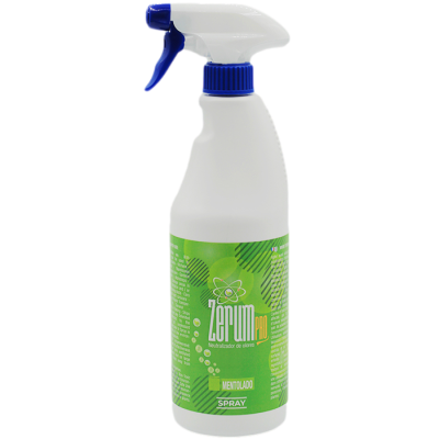 Frasco plástico branco com spray e rótulo verde de spray neutralizador de odores
