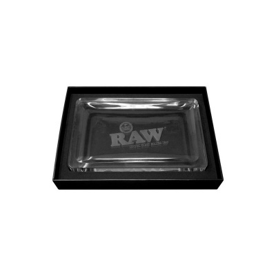 Tabuleiro de vidro transparente com logótipo RAW dentro de caixa preta