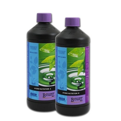 Dois frascos de Hydro Nutrition A e B com rótulos azuis e roxos, tampas roxas