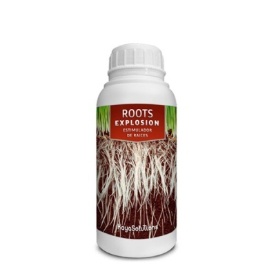 Frasco branco com estimulador de raízes Roots Explosion e rótulo com imagem de raízes