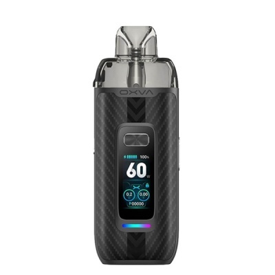 Vaporizador preto com ecrã digital e textura de fibra de carbono