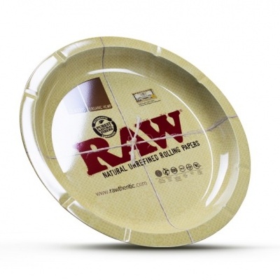 Bandeja metálica RAW amarelada com texto para papel de enrolar
