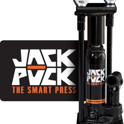 Prensa hidráulica preta com texto promocional laranja e branco Jack Puck