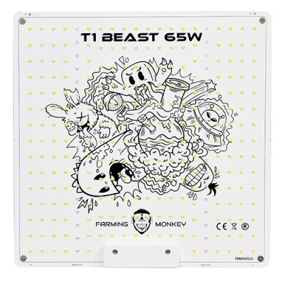 Painel quadrado branco de luz LED com desenhos pretos e texto T1 BEAST 65W