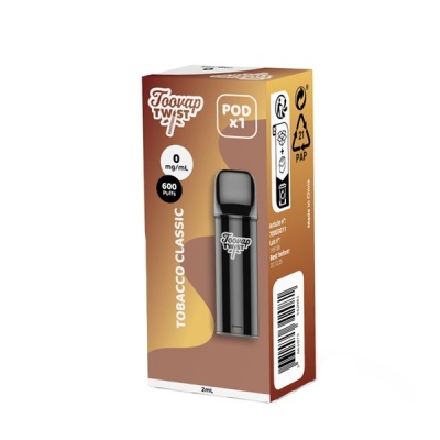 Embalagem de cartucho para dispositivo de vape Toovap Twist preto com texto e códigos