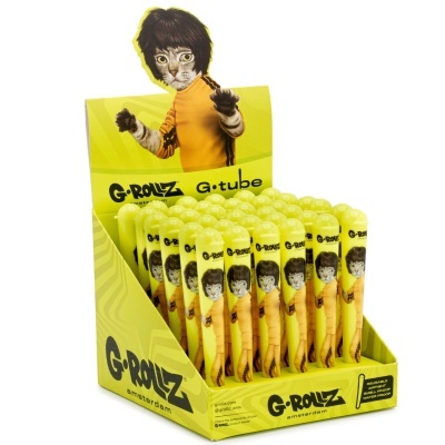 Expositor amarelo de tubos para enrolar tabaco G-ROLLZ com ilustração de gato vestido de amarelo