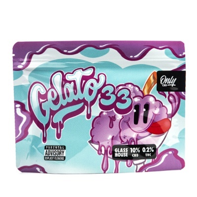 Embalagem azul e roxa para produto Gelato 33 com texto e imagem gráfica