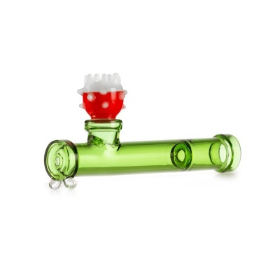 Tubo de vidro verde com bocal vermelho e relevos brancos