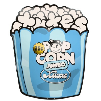 Embalagem azul de pipocas com texto POP CORN JUMBO Juices