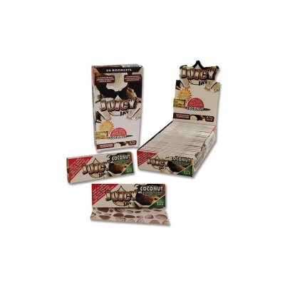 Pacote e caixa de papelotes Juicy Jay's sabor Coconut com ilustrações de coco.