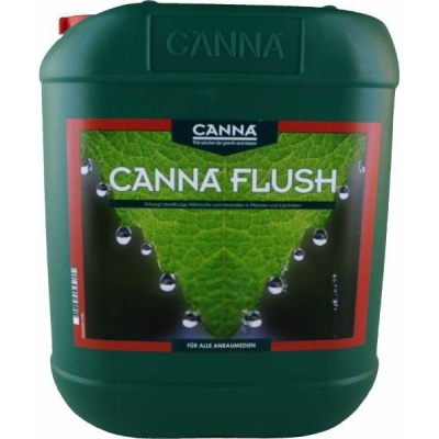 Recipiente verde CANNA FLUSH com etiqueta de folha verde e gotas de água.