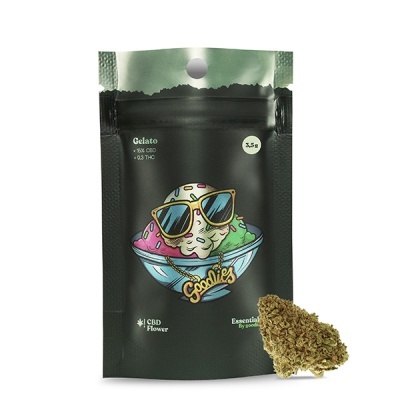 Embalagem preta de CBD Flower 3,5 g com desenho de gelado e texto Gelato Goodies.