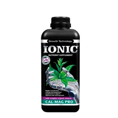 Frasco de suplemento nutricional Ionic CAL-MAG PRO com rótulo preto e verde.