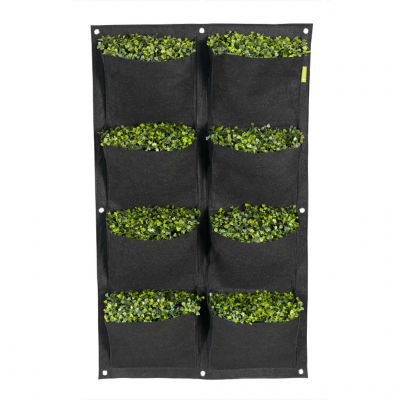 Painel vertical preto com oito bolsos e plantas verdes