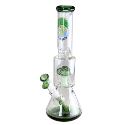 Bong de vidro transparente com detalhes verdes e design de brócolis.