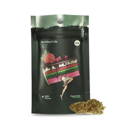 Embalagem preta com ilustração de bolo e flor de cannabis ao lado