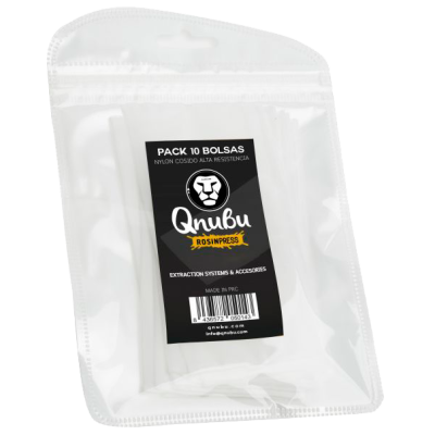 Pacote de 10 bolsas de nylon branco em embalagem transparente com etiqueta preta