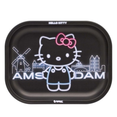 Tabuleiro preto com desenho neon de Hello Kitty e Amesterdão