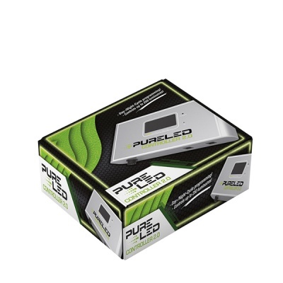 Embalagem do controlador PureLED Controller 2.0 em preto, verde e branco com imagem do produto
