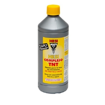 Frasco de fertilizante HESI COMPLEJO TNT cinzento com tampa amarela e rótulo amarelo