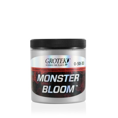 Frasco de plástico cinzento com tampa preta e rótulo com o texto GROTEK MONSTER BLOOM 0-50-30.