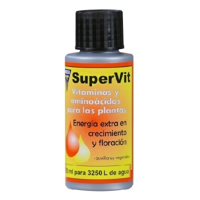 Frasco de vitaminas para plantas SuperVit com rótulo amarelo e tampa preta