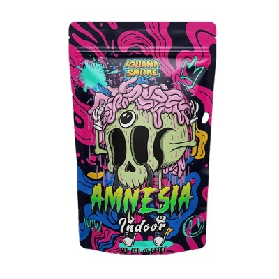 Embalagem de produto com design gráfico colorido e texto AMNESIA Indoor
