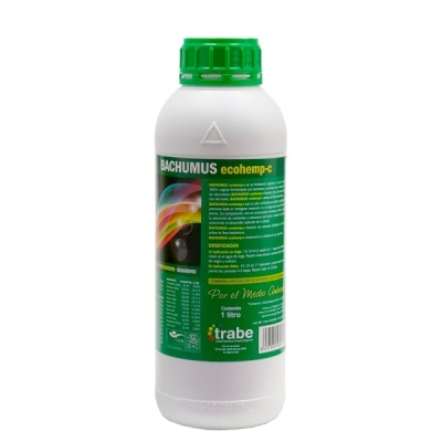 Garrafa de produto BACHUMUS ecohemp-c com rótulo verde e tampa verde