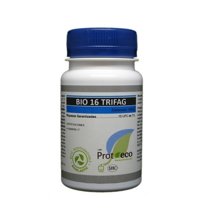 Frasco branco de plástico com tampa azul e rótulo com texto BIO 16 TRIFAG