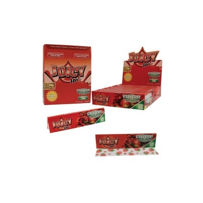 Pack de papel de enrolar JUICY JAY'S sabor morango com caixa e bloco aberto