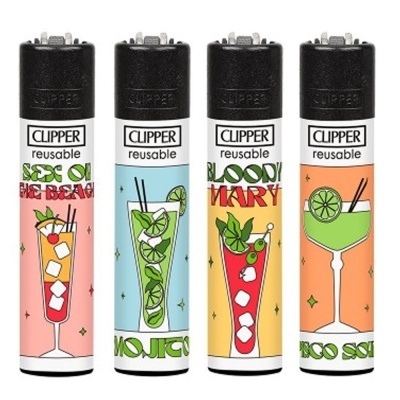 Quatro isqueiros Clipper reutilizáveis decorados com cocktails coloridos