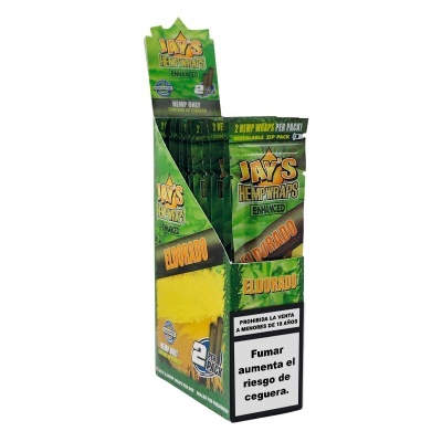 Expositor verde com embalagens de Jays Hemp Wraps Eldorado