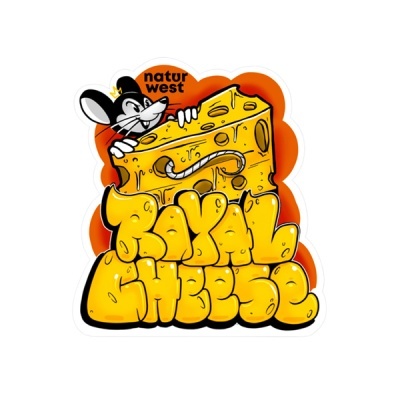 Ilustração de rato com queijo e texto Royal Cheese