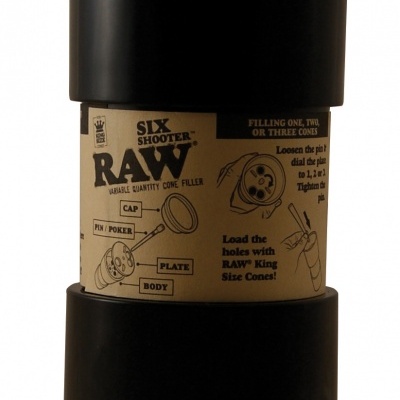 Dispositivo RAW Six Shooter preto com embalagem de papel castanho e instruções em preto