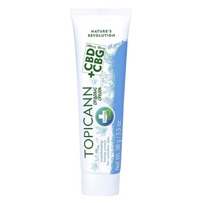Tubo de creme azul e branco com texto TOPICANN CBD + CBG