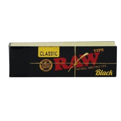 Embalagem preta RAW Classic Tips Black com texto colorido