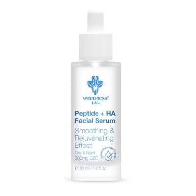 Frasco de sérum facial com pipeta e texto azul