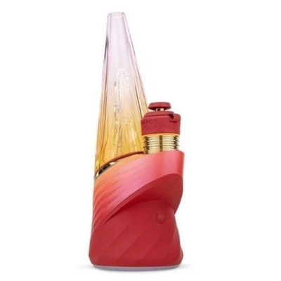 Frasco de perfume com base vermelha e vidro translúcido amarelo