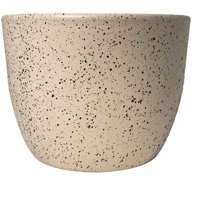 Vaso ou tigela bege com manchas pretas e textura lisa.