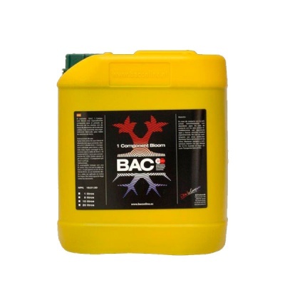 Recipiente amarelo com tampa verde e etiqueta preta da marca BAC para produto de crescimento de plantas