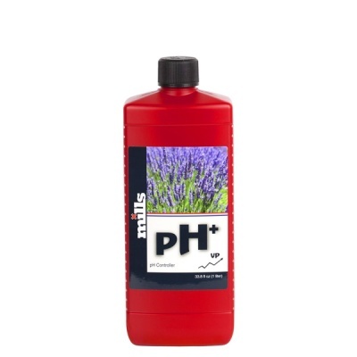Frasco vermelho de pH+ com rótulo de flores violetas