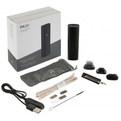 Kit de vaporizador PAX3 com vários acessórios e embalagem branca e preta