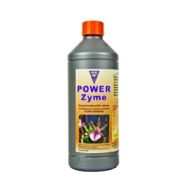 frasco cinzento com tampa laranja e rótulo amarelo com texto POWER Zyme e imagem de flor