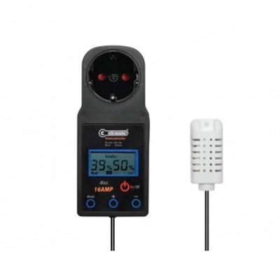 Equipamento elétrico preto com ecrã digital azul e sensor branco ligado por cabo