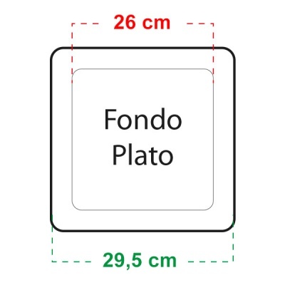 Ilustração de prato quadrado com medidas e texto Fondo Plato